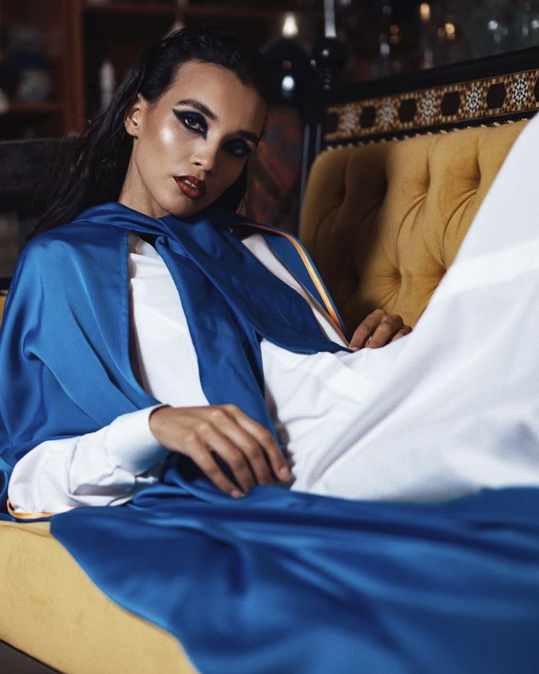 Editorial makeup — blue satin campaign, Dubai