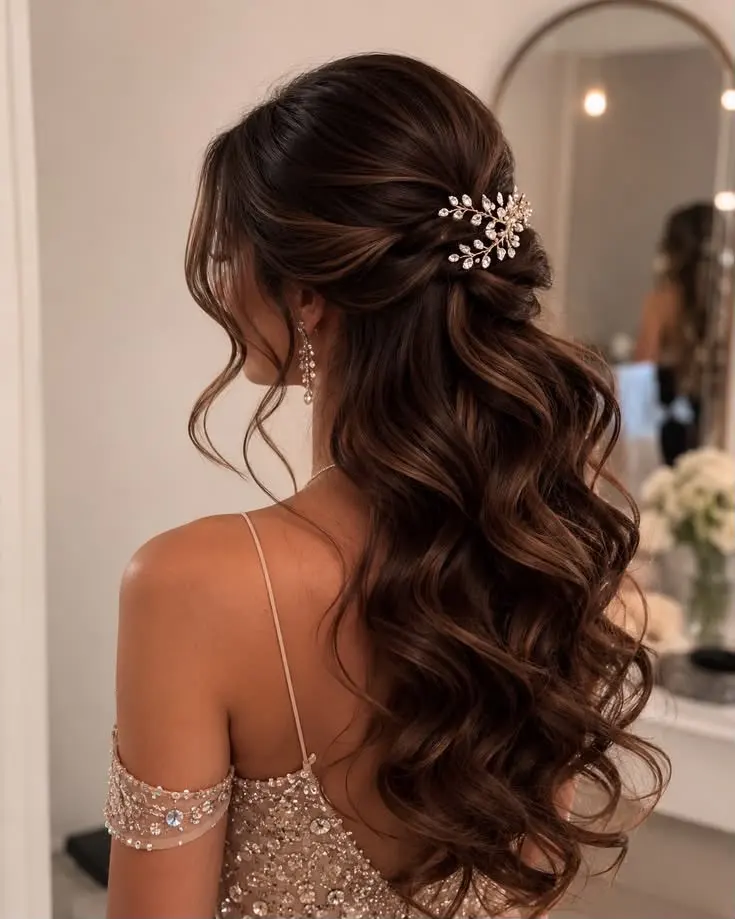 Bridal hair styling with crystal pin by Glam On Call, Dubai