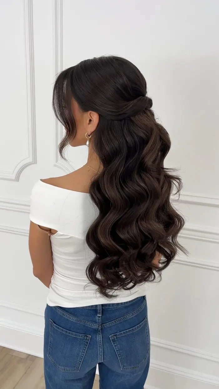 Half-up hairstyle with cascading waves
